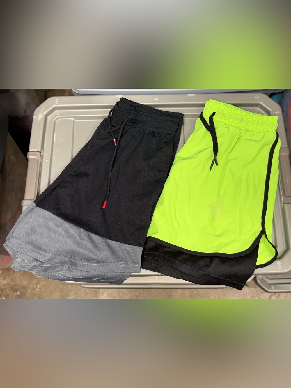 Men’s size large athletic running shorts boxer brief lined neon chartreuse black